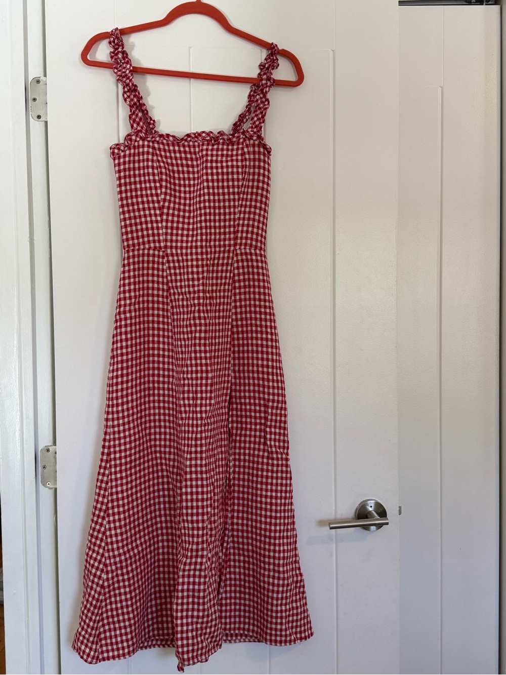 Reformation Red Linen Gingham Smocked-Strap Midi Dress - Women